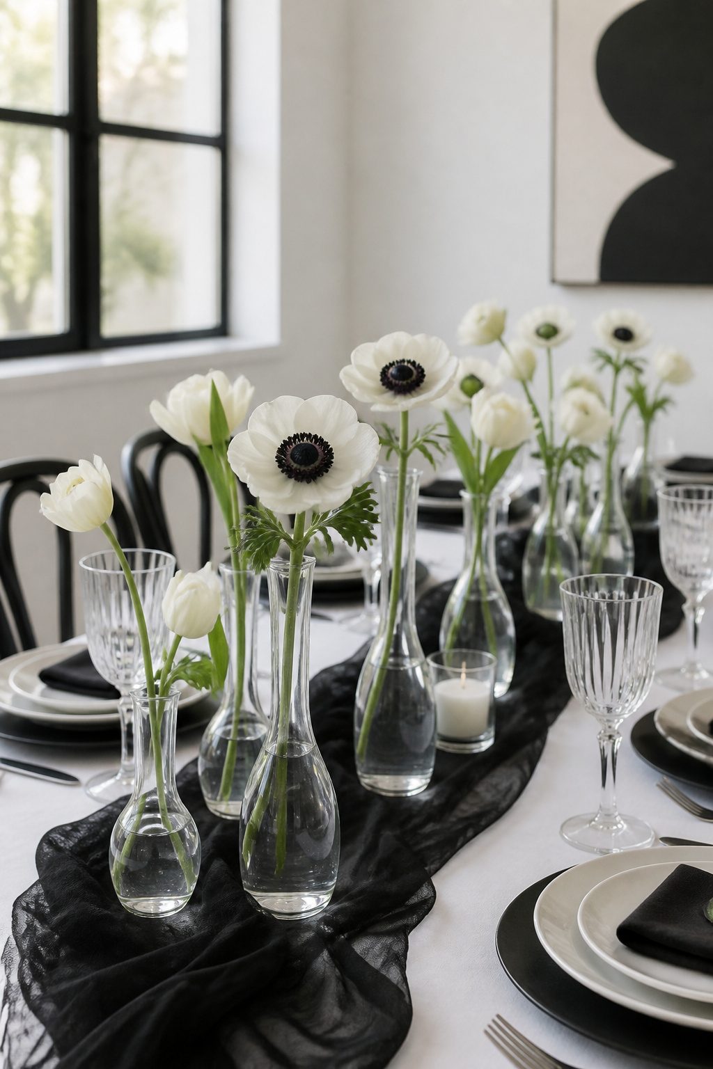 6 Black and White Table Setting Ideas for 2026 2 Centerpiece with panda anemone flowers in bud vases on a table.