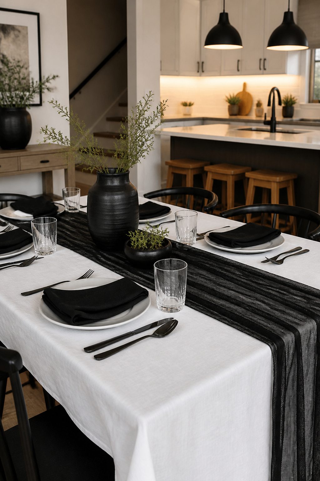 6 Black and White Table Setting Ideas for 2026 1 White tablecloth with a black gauze runner on a wooden dining table.
