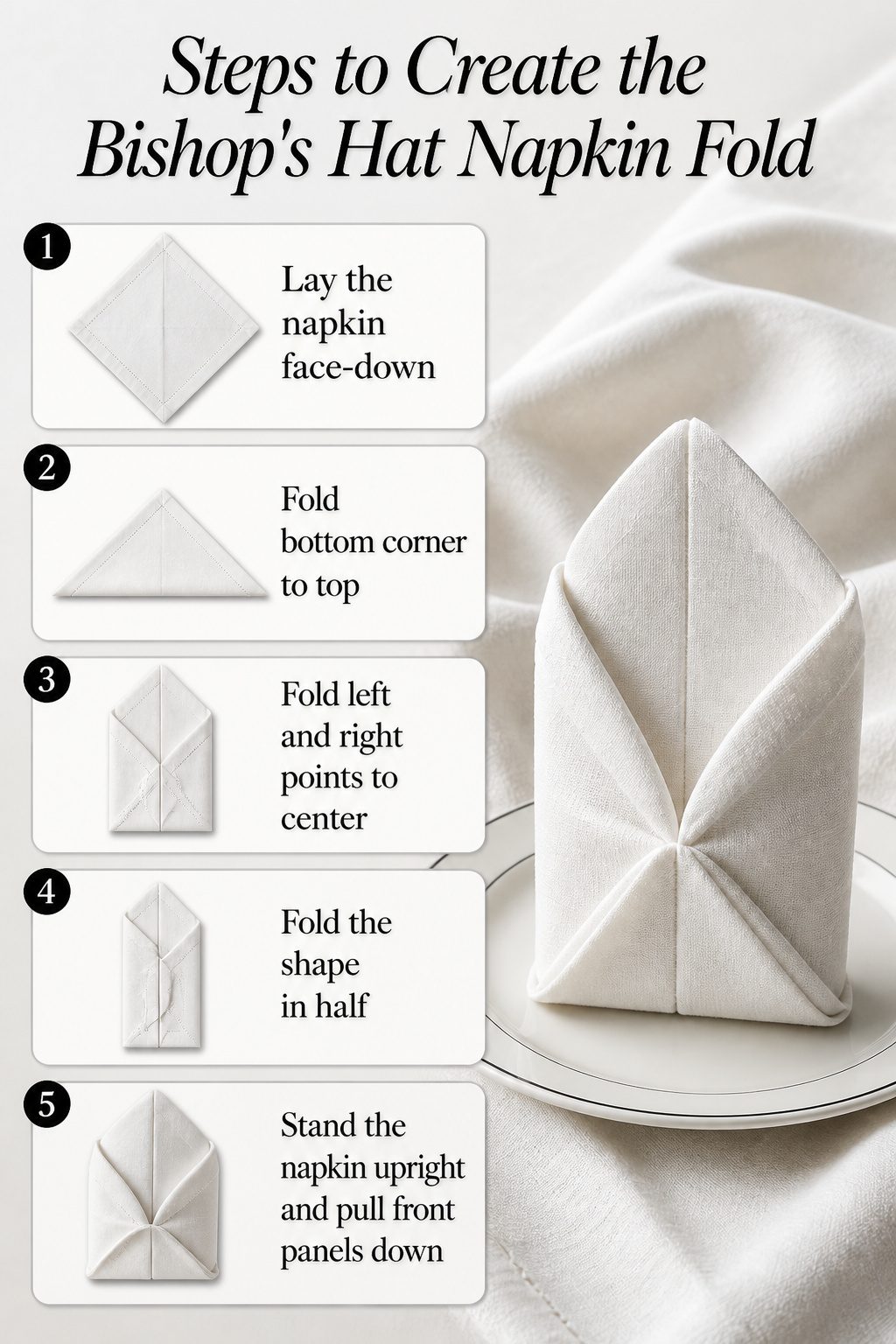 6 Black and White Table Setting Ideas for 2026 9 Steps to create the Bishop's Hat napkin fold with a cotton linen napkin.