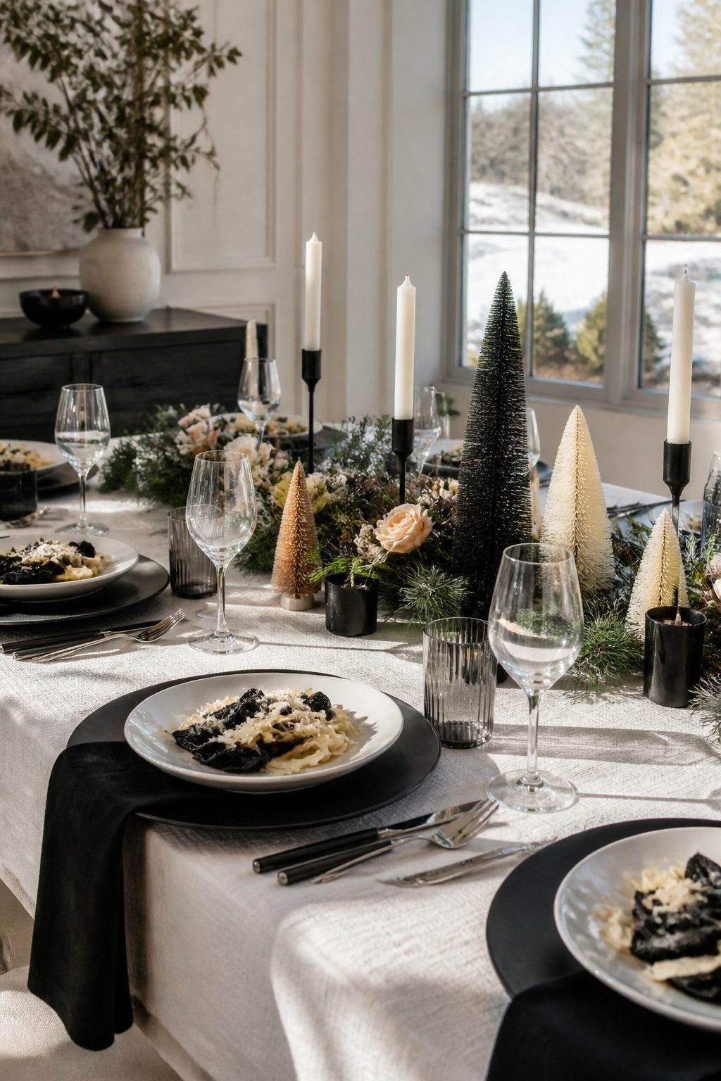 6 Black and White Table Setting Ideas for 2026 6 Winter table setting featuring black and white pasta on a white tablecloth.