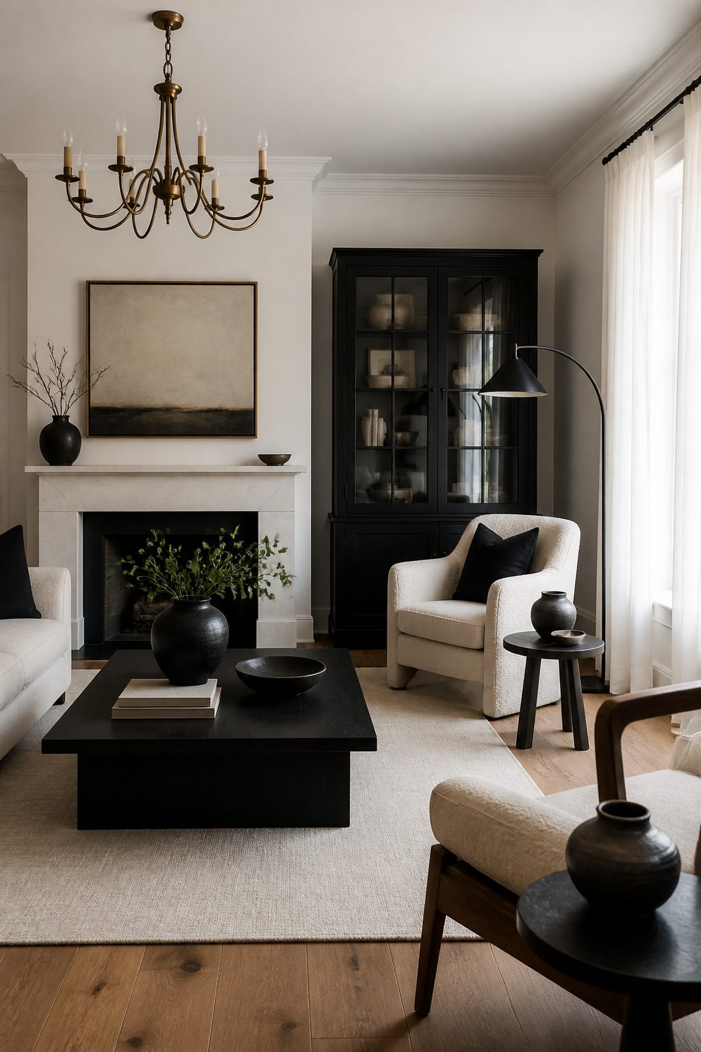 12 Black White Decor Ideas for Every Room in 2026 10 A vintage chandelier and a black floor lamp in a living room.