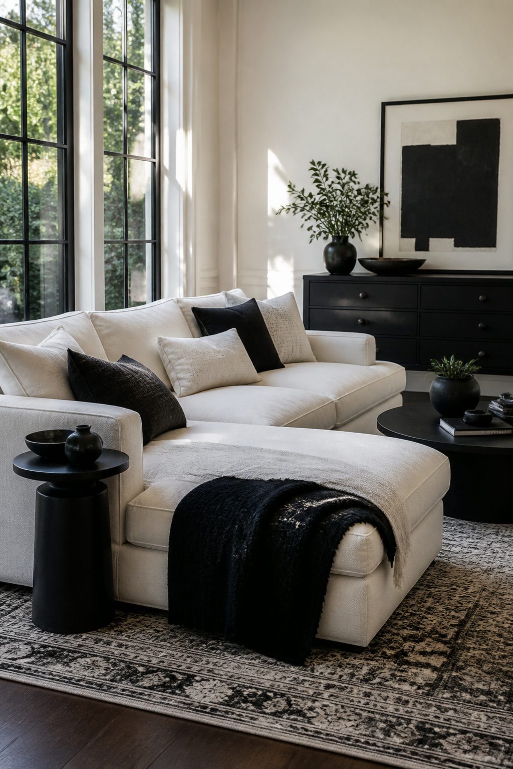 12 Black White Decor Ideas for Every Room in 2026 9 A bold black sofa serves as the focal point in a black and white room.
