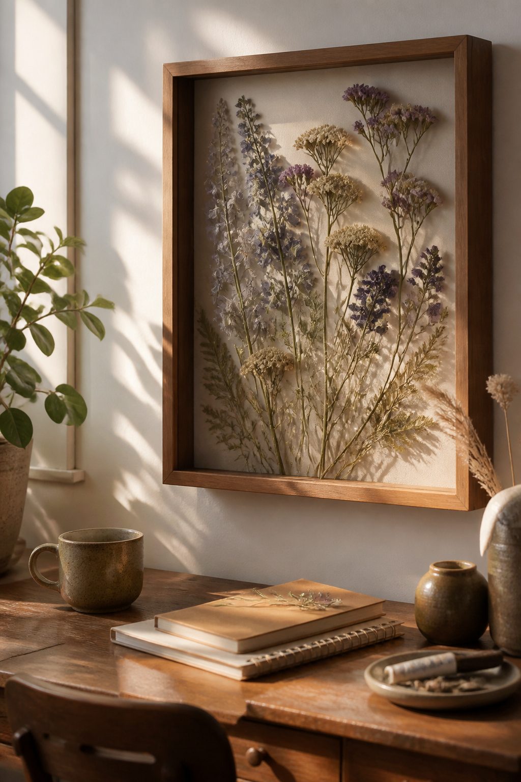 A shadow box filled with pressed flowers arranged decoratively.