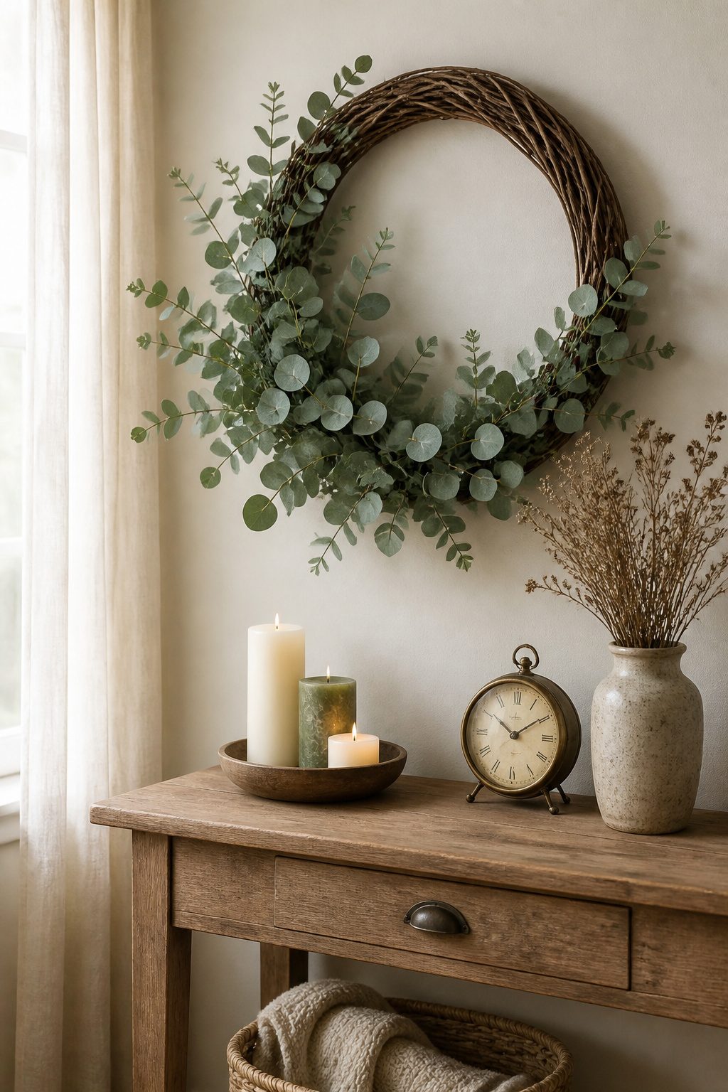 A grapevine wreath decorated with dried eucalyptus.