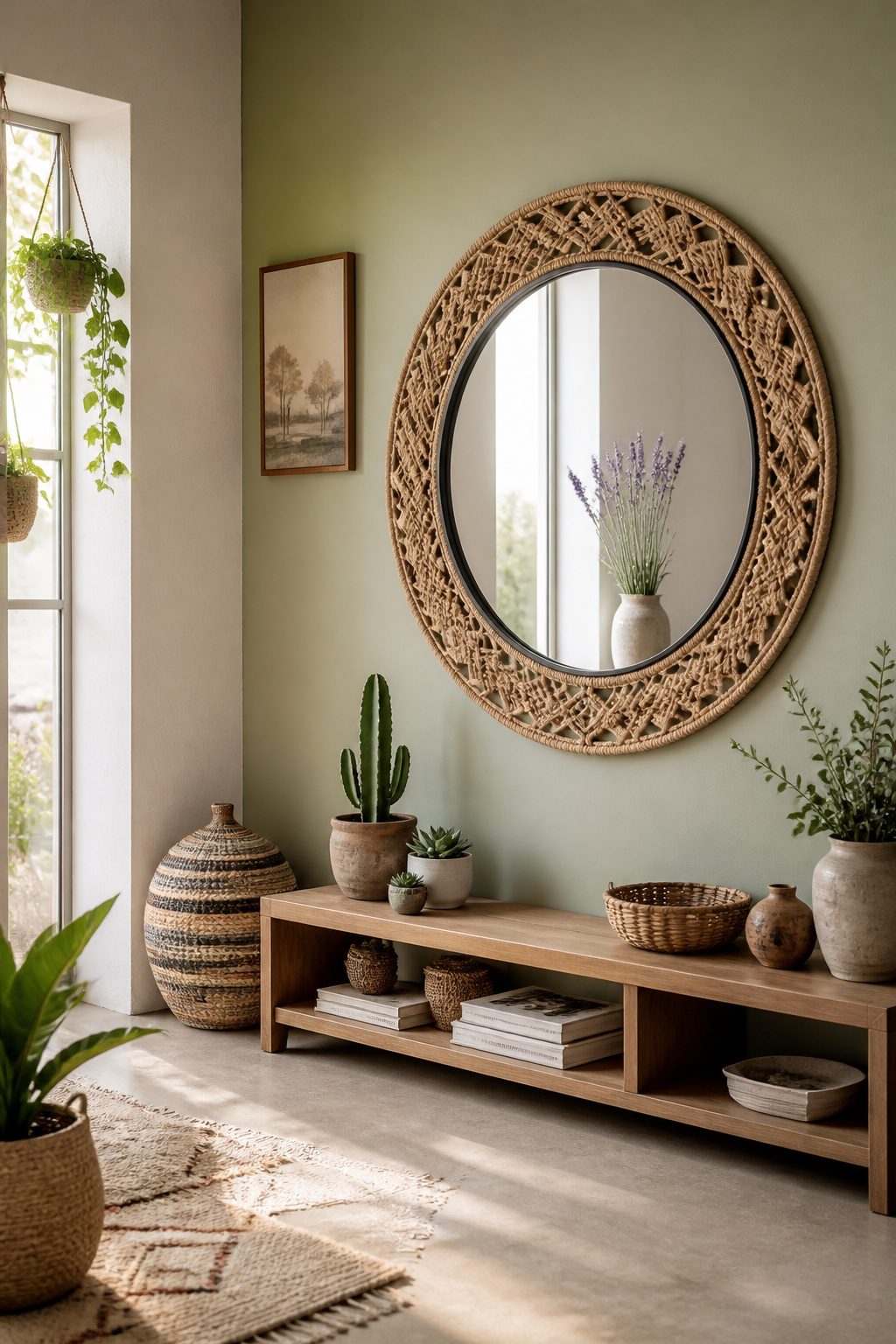A mirror wrapped in jute and macrame, enhancing a bohemian aesthetic.
