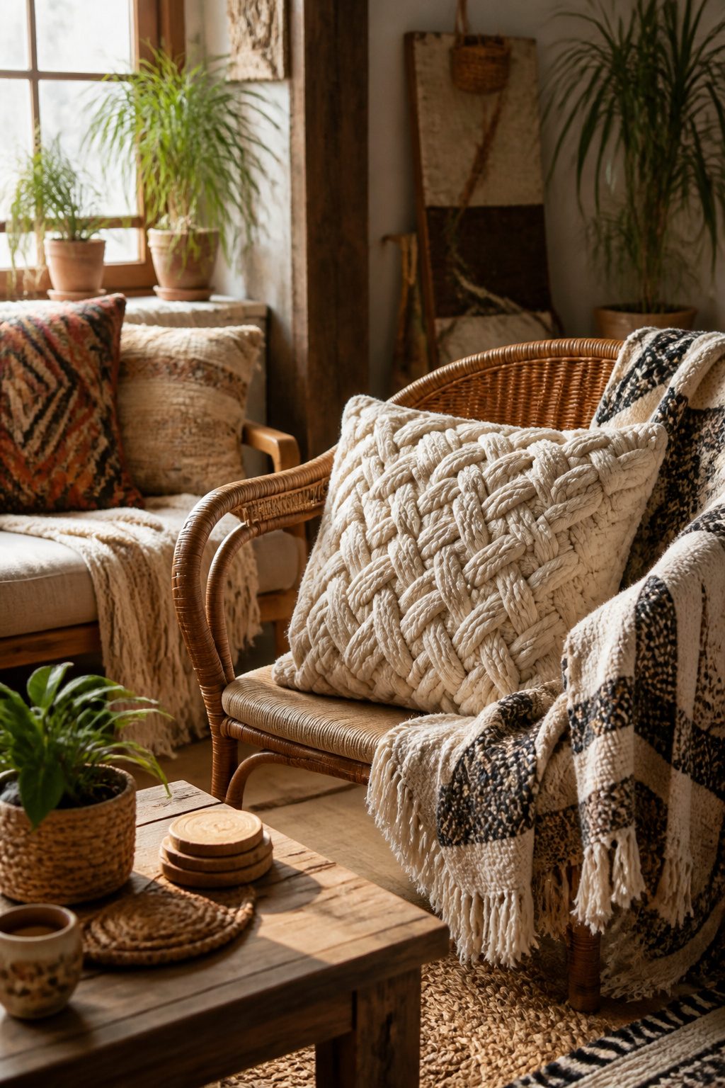 A pillow made from tightly twisted cotton rope.