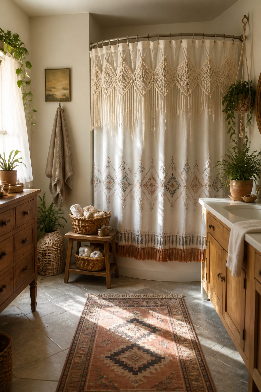 A white shower curtain embellished with fringe and tassels.