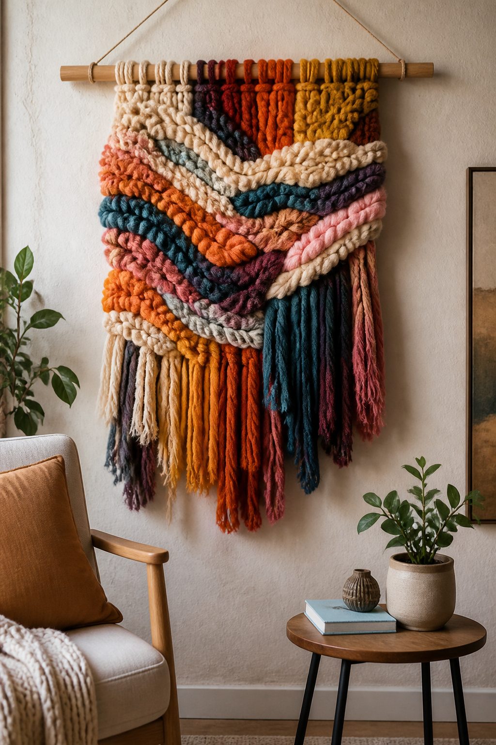 A wall hanging made of chunky yarn in various colors.