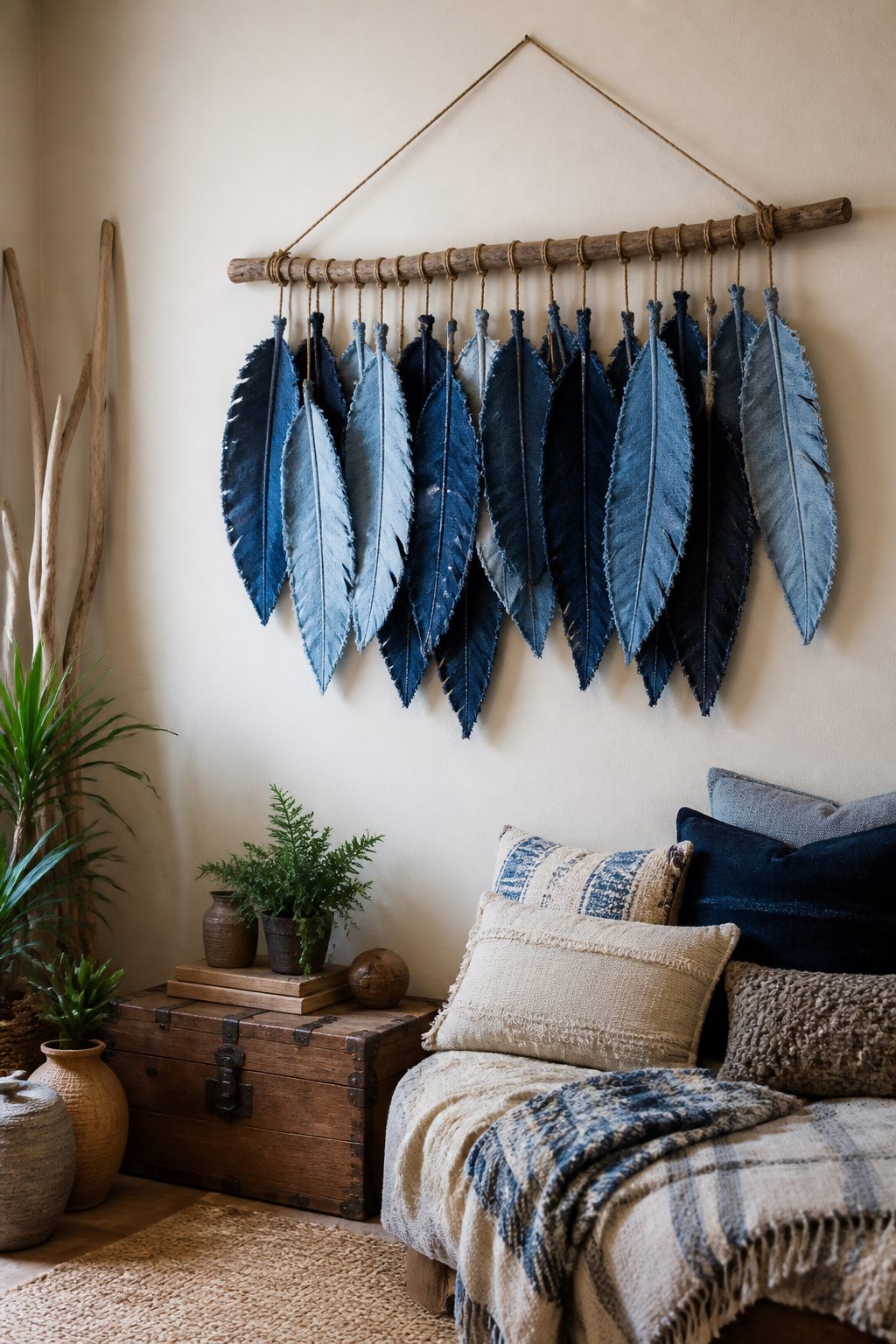 A wall hanging made of denim feathers arranged on a driftwood rod.