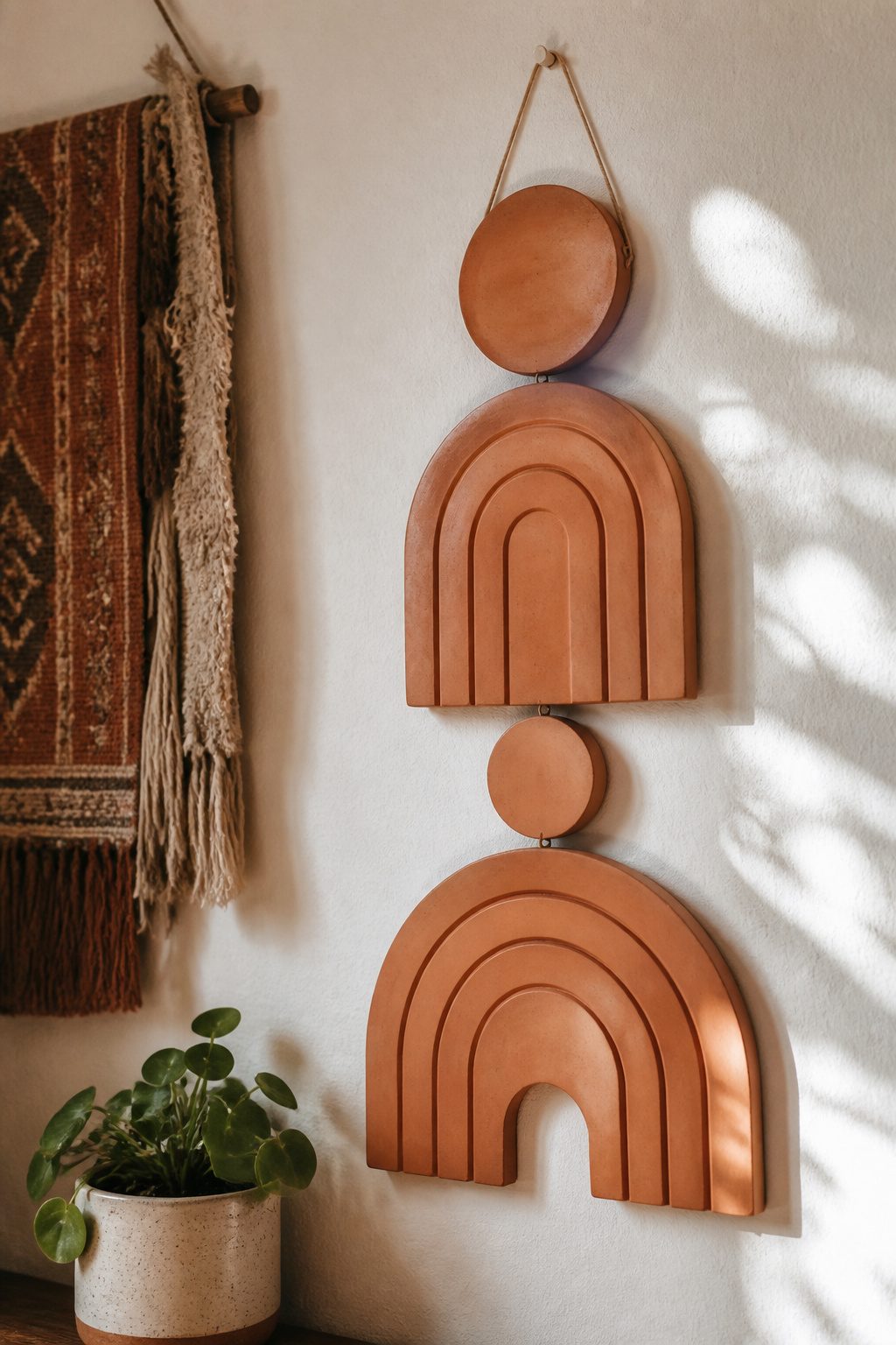 A clay wall hanging featuring circles and arches in a bohemian style.