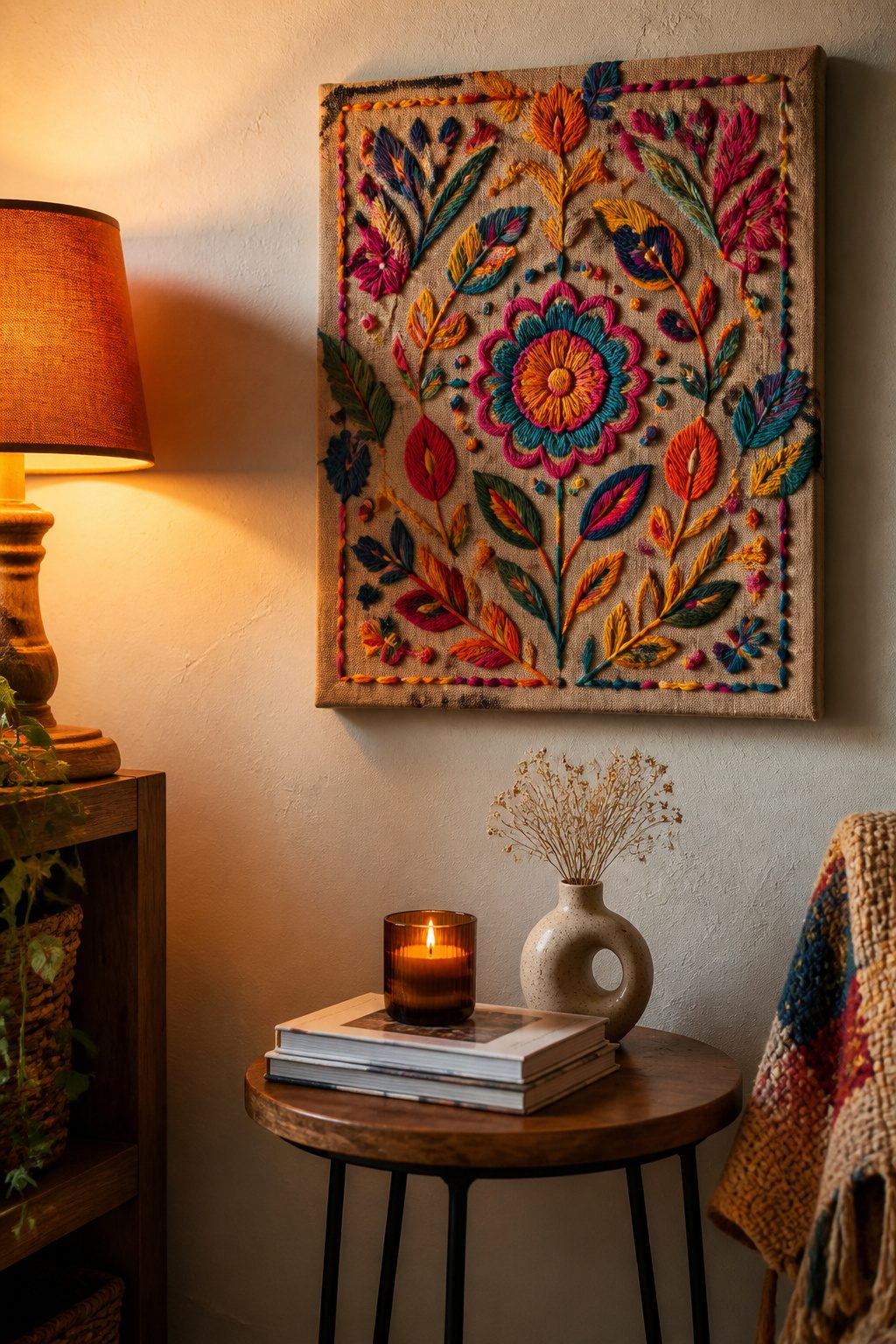 A piece of embroidered fabric stretched over a canvas frame.