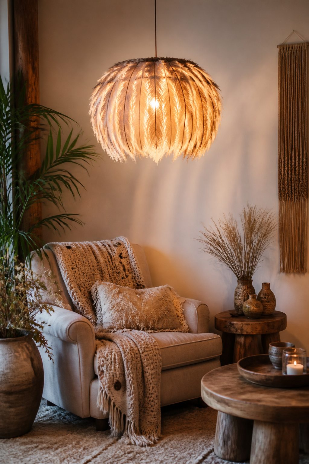A feather lampshade hanging above a reading nook with warm lighting.