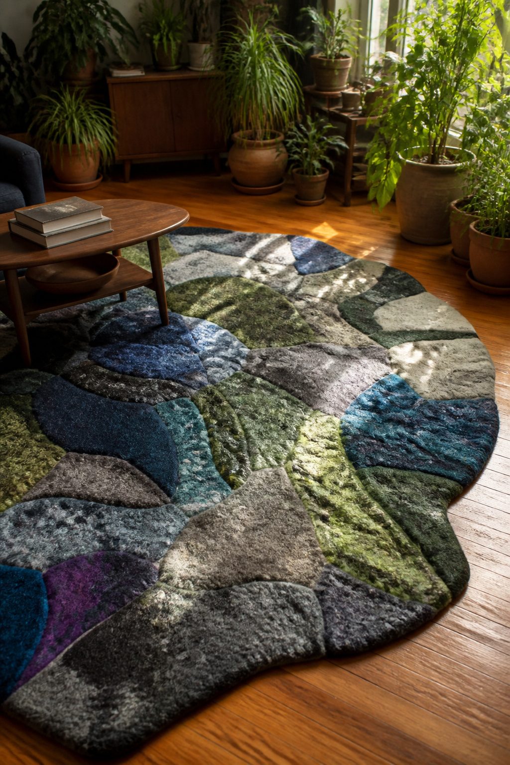 A colorful felt rug created from recycled sweaters on a hardwood floor.