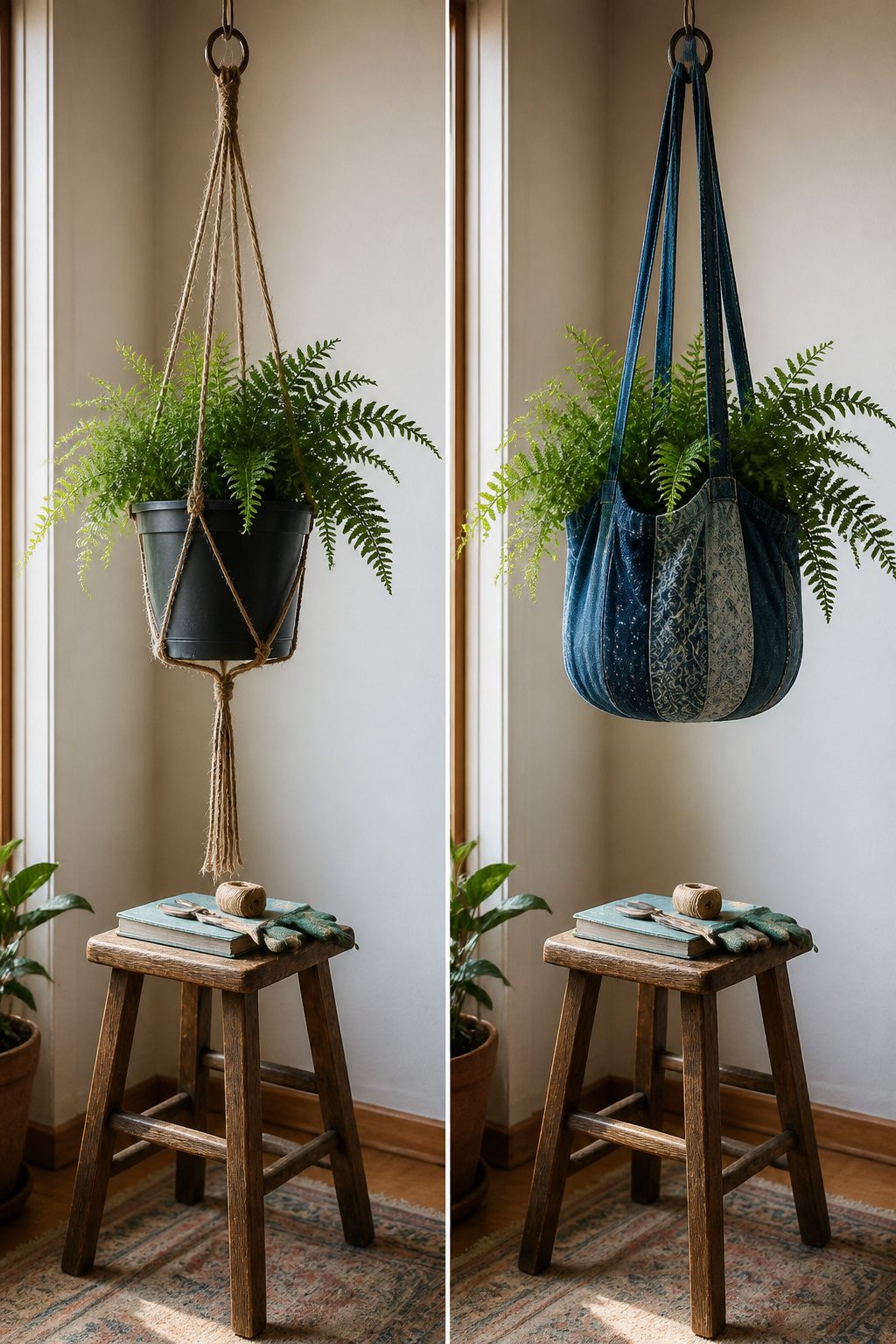 Various hanging planters made from leather, metal, and fabric.