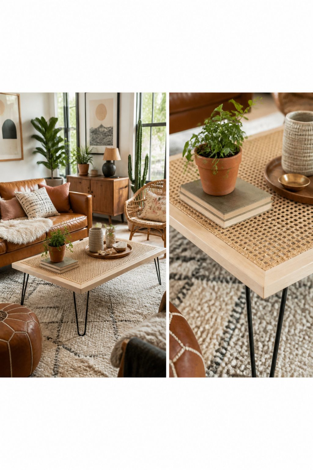 A modified IKEA LACK table with cane webbing for decor.