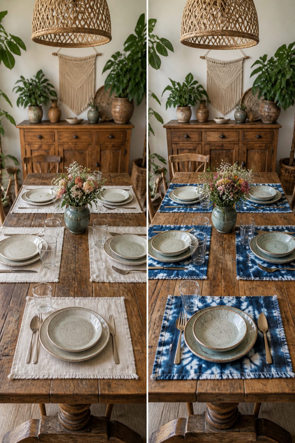 Cotton placemats dyed with indigo using shibori techniques.
