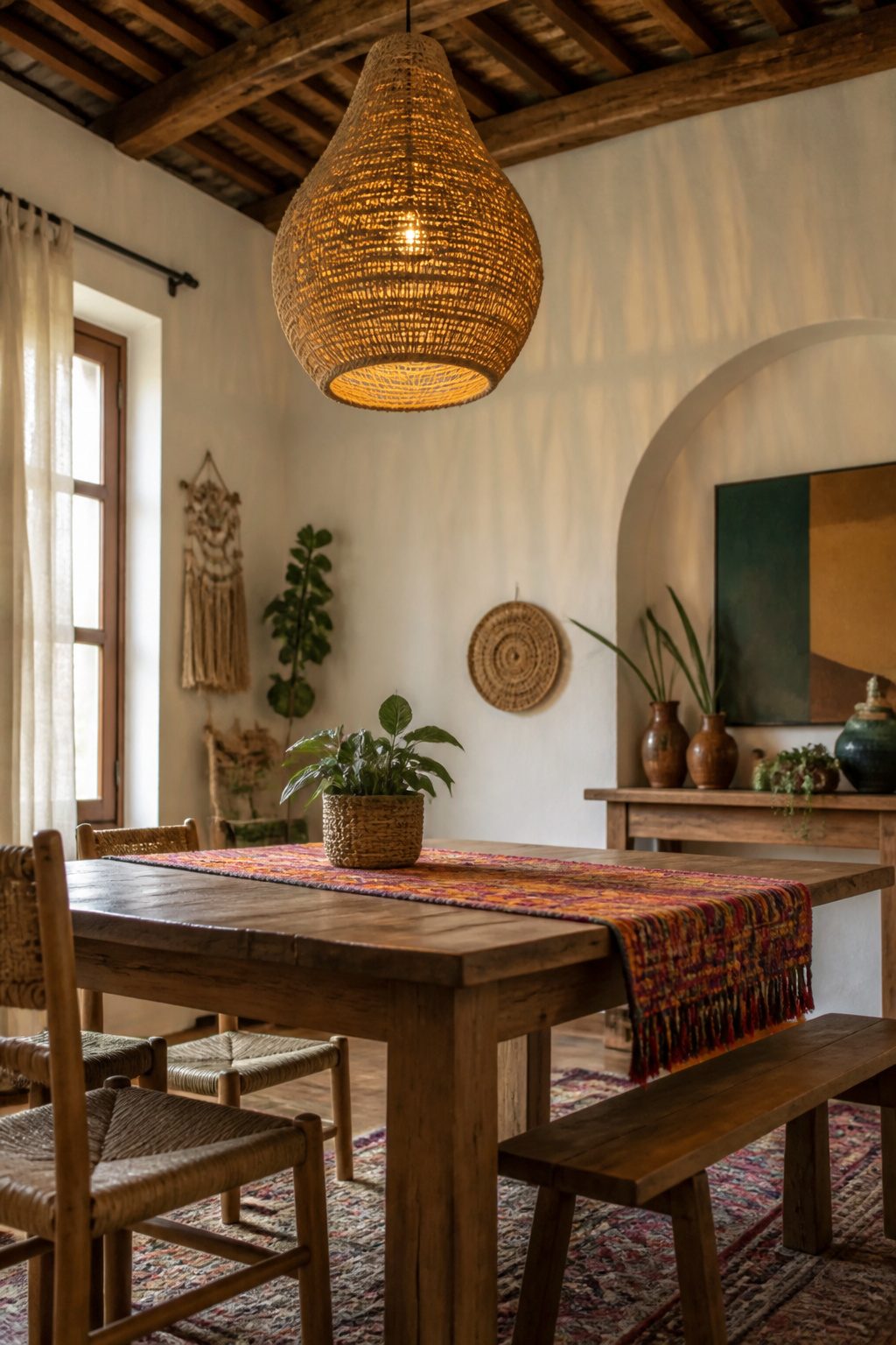 A pendant light shade made from wrapped jute rope.