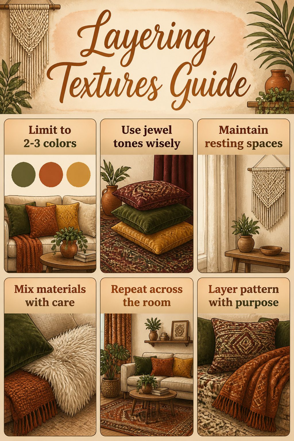 A guide on layering textures in bohemian decor.