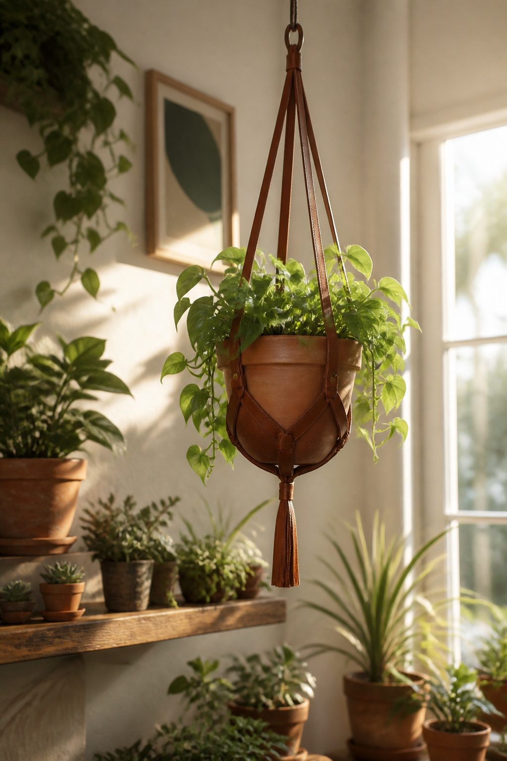 A plant pot holder made from scrap leather.
