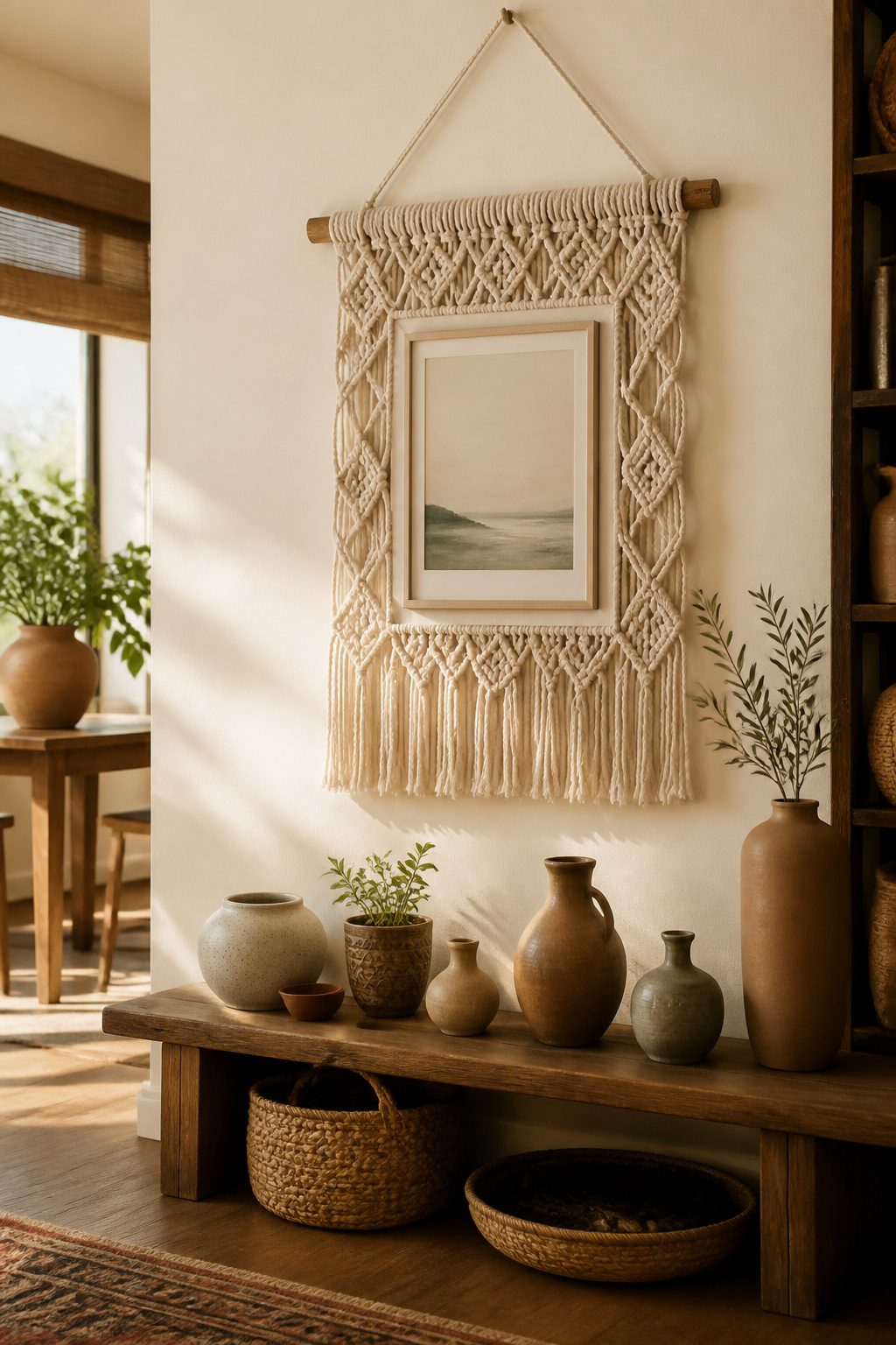 A picture frame wrapped in macrame cord with decorative knots.