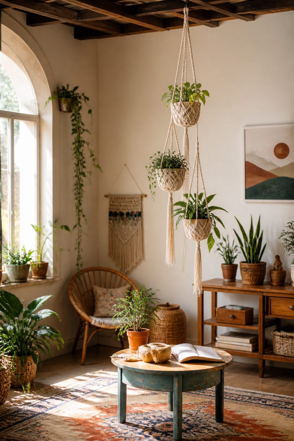 A macrame holder featuring three staggered plant pots.