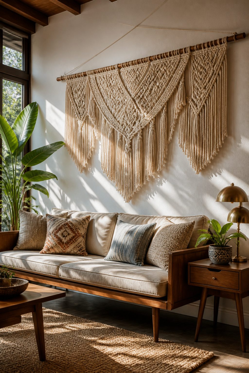 A macrame wall hanging showcasing detailed knots and fringe.