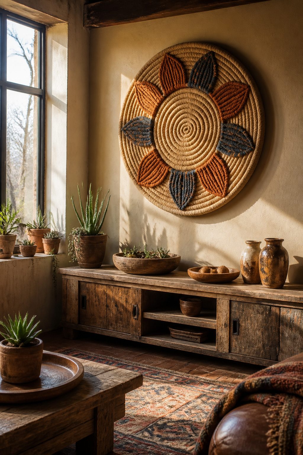 Coiled sisal rope wall decor with painted accents.