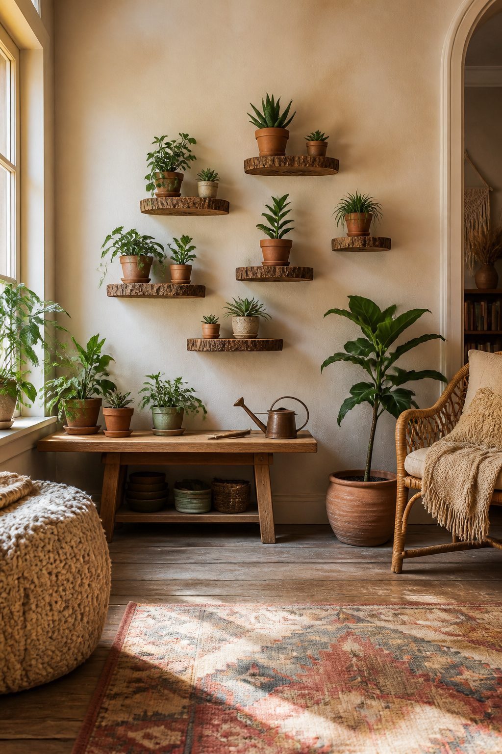 Wood slices serving as floating shelves for plant displays.