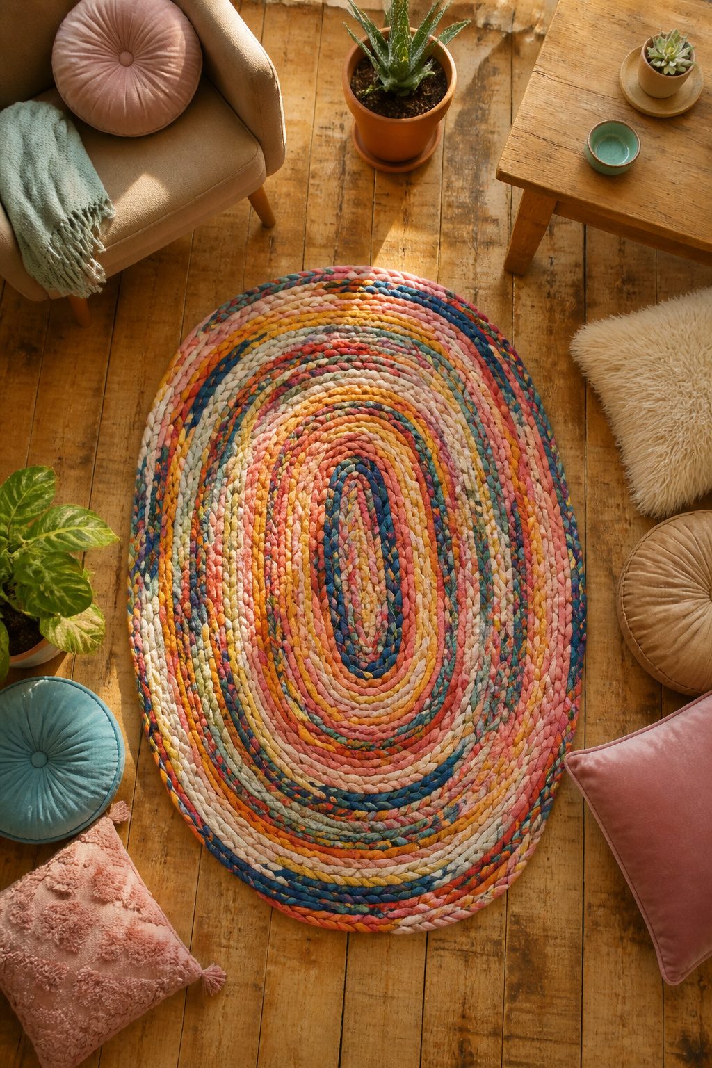 A colorful rag rug created from rolled t-shirt yarn.