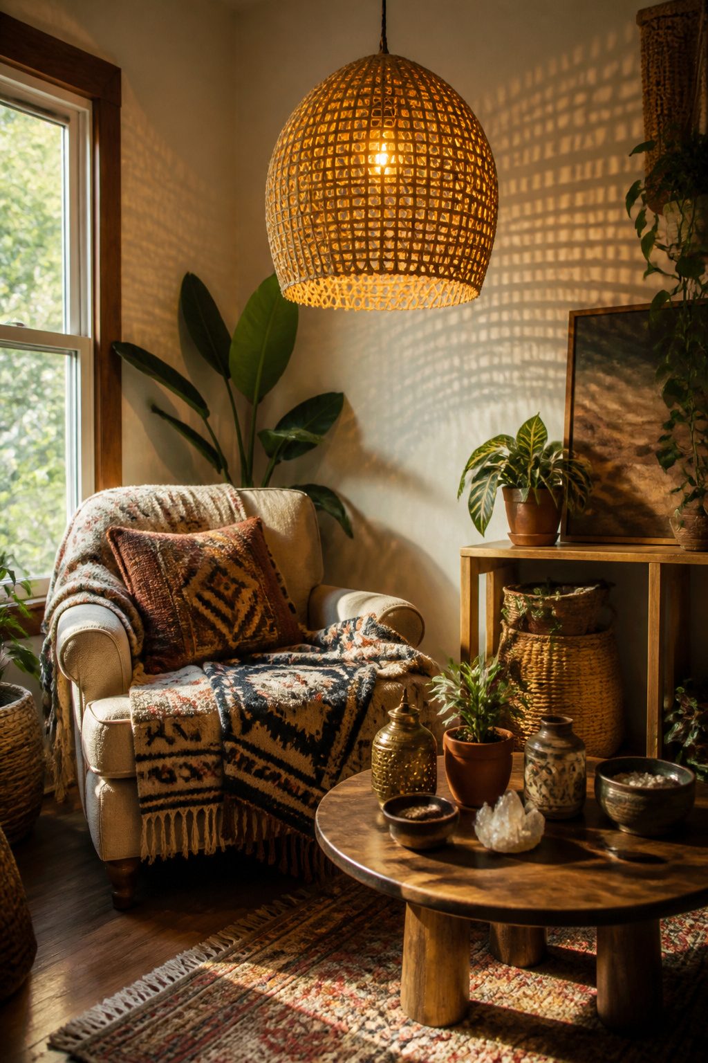A light shade made from paper cord with a rattan design.
