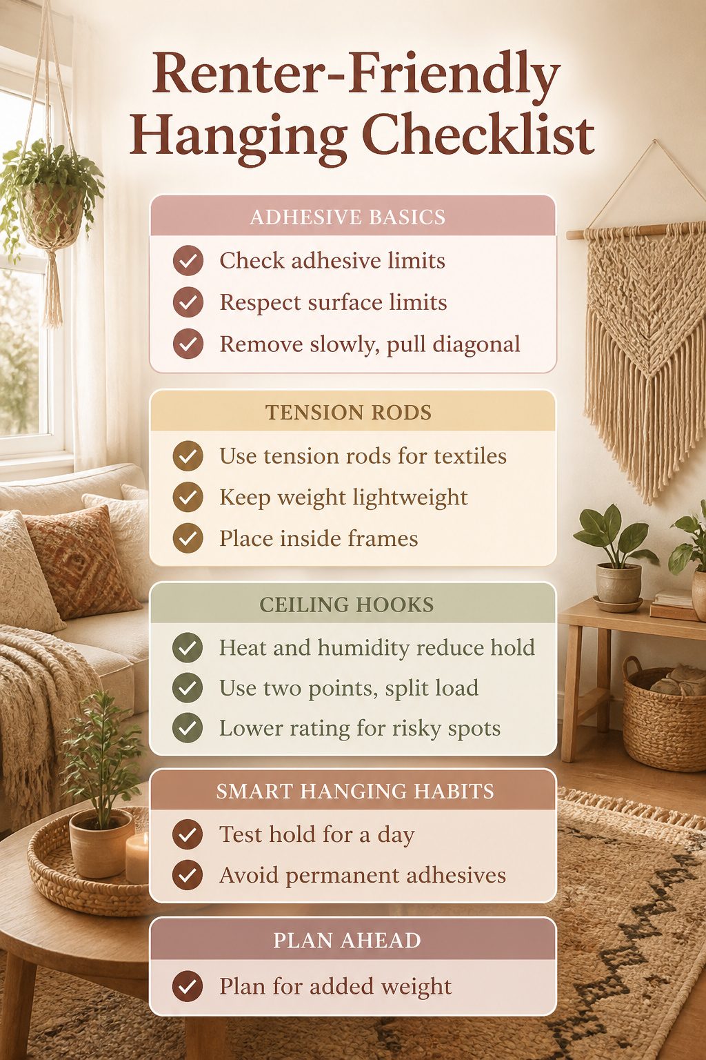 A checklist for renter-friendly hanging and mounting methods.