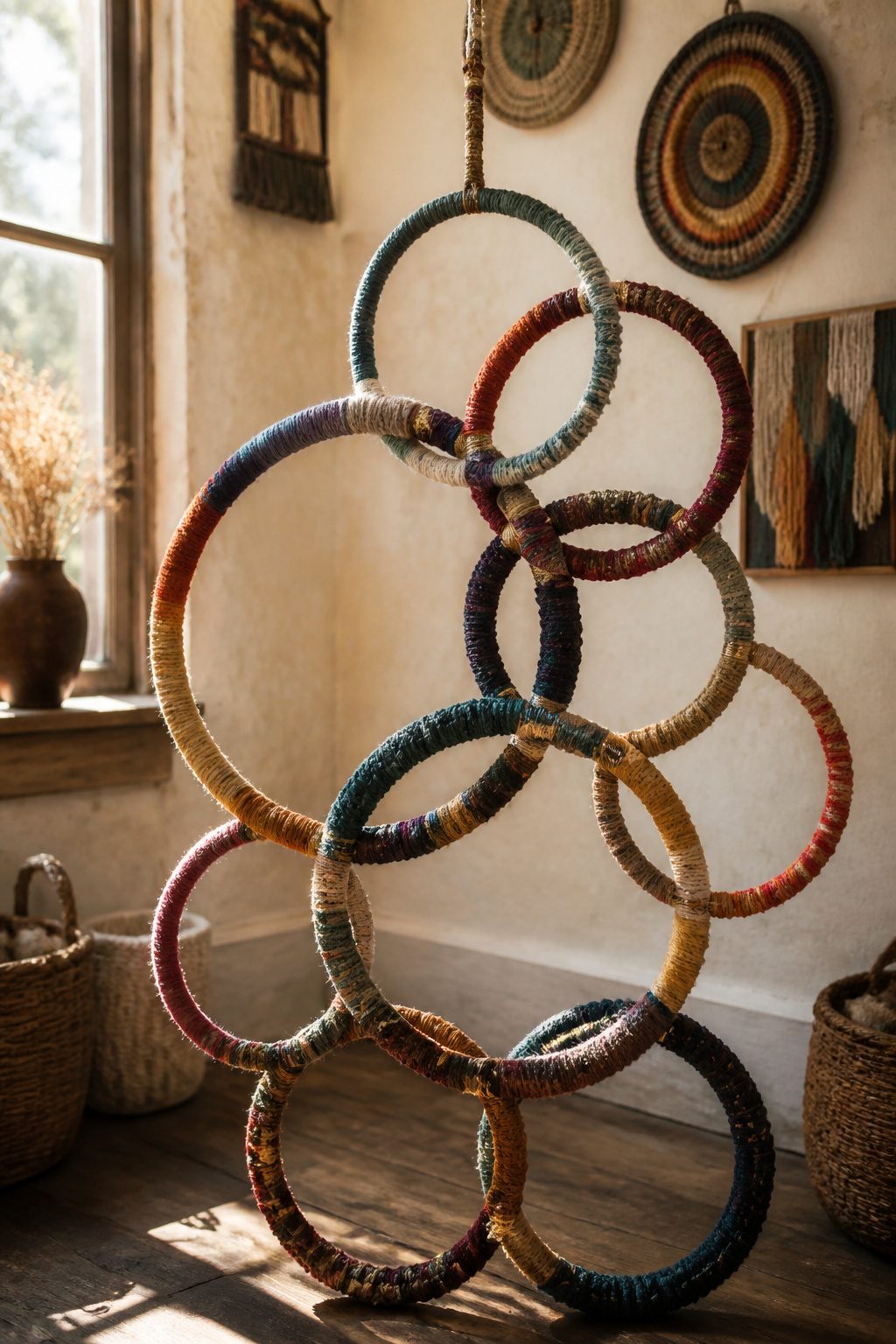 A wall piece made of yarn-wrapped rings in multiple colors and textures.