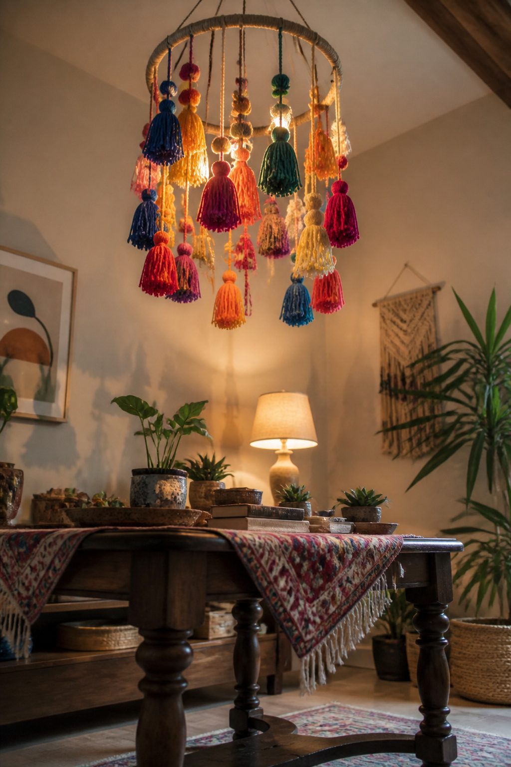 A chandelier made of yarn tassels hanging from the ceiling.