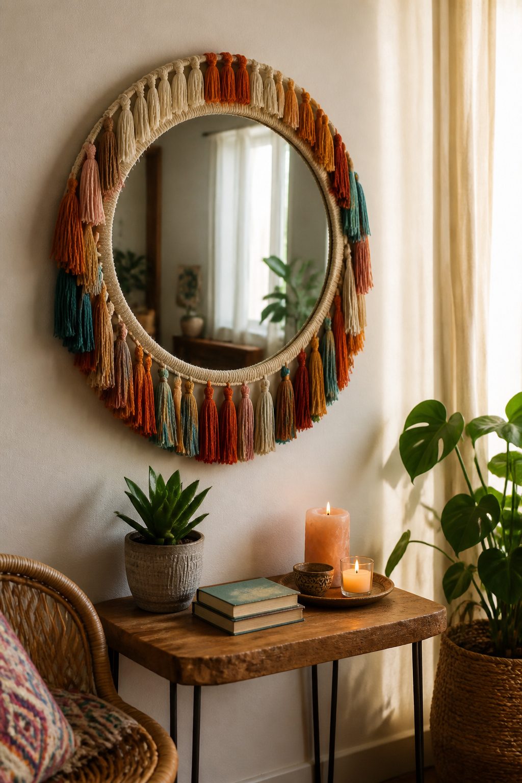 A mirror adorned with colorful yarn tassels around its edge.
