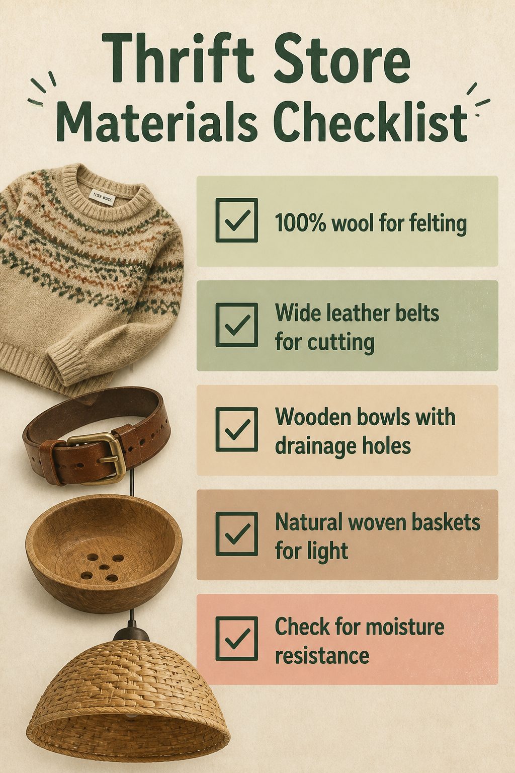 A list of thrift store materials suitable for crafting.