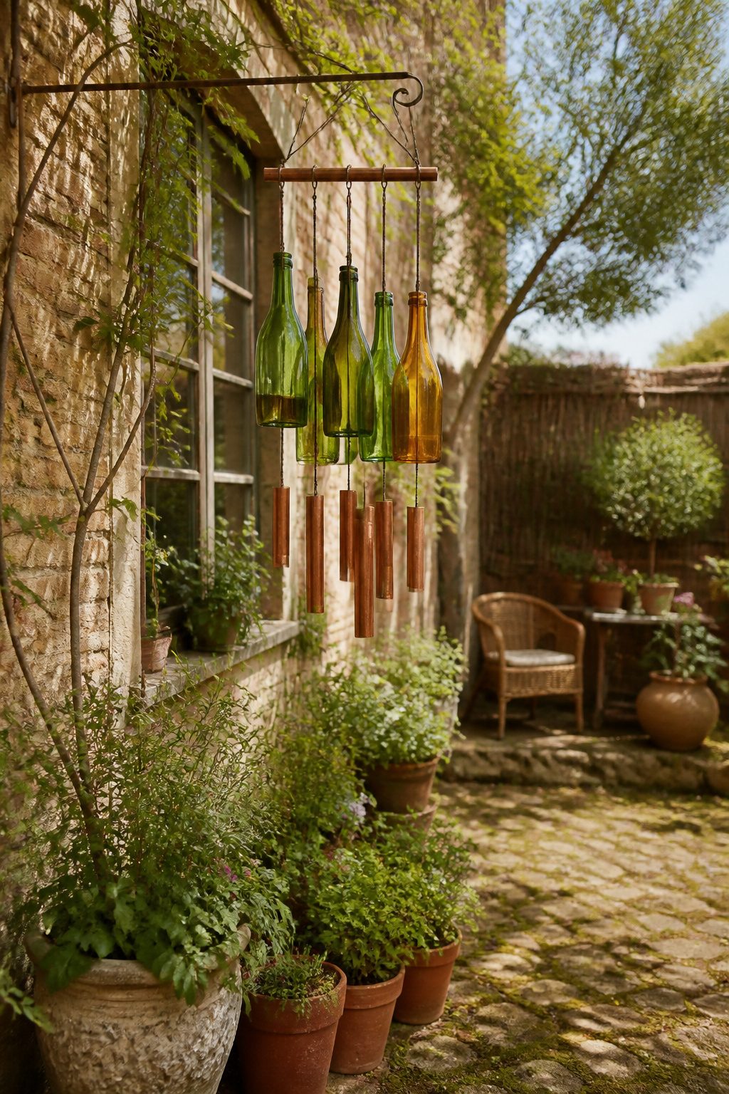 Wine bottles cut and hung as chime elements.