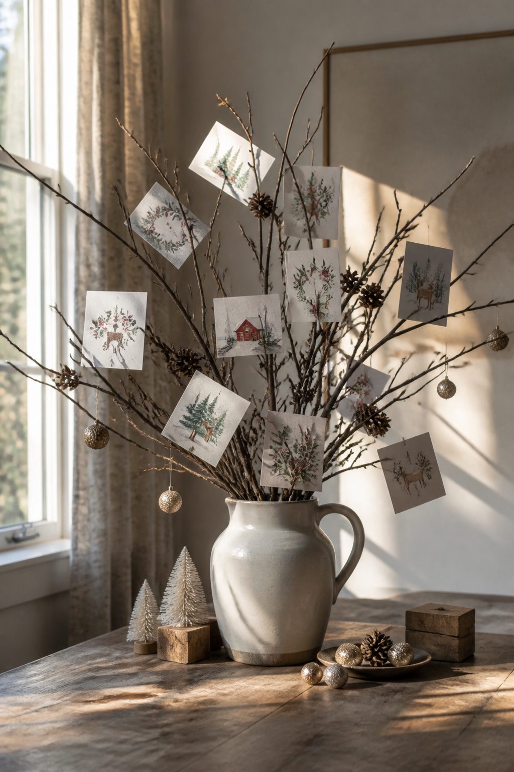 A vase filled with branches displaying Christmas cards.