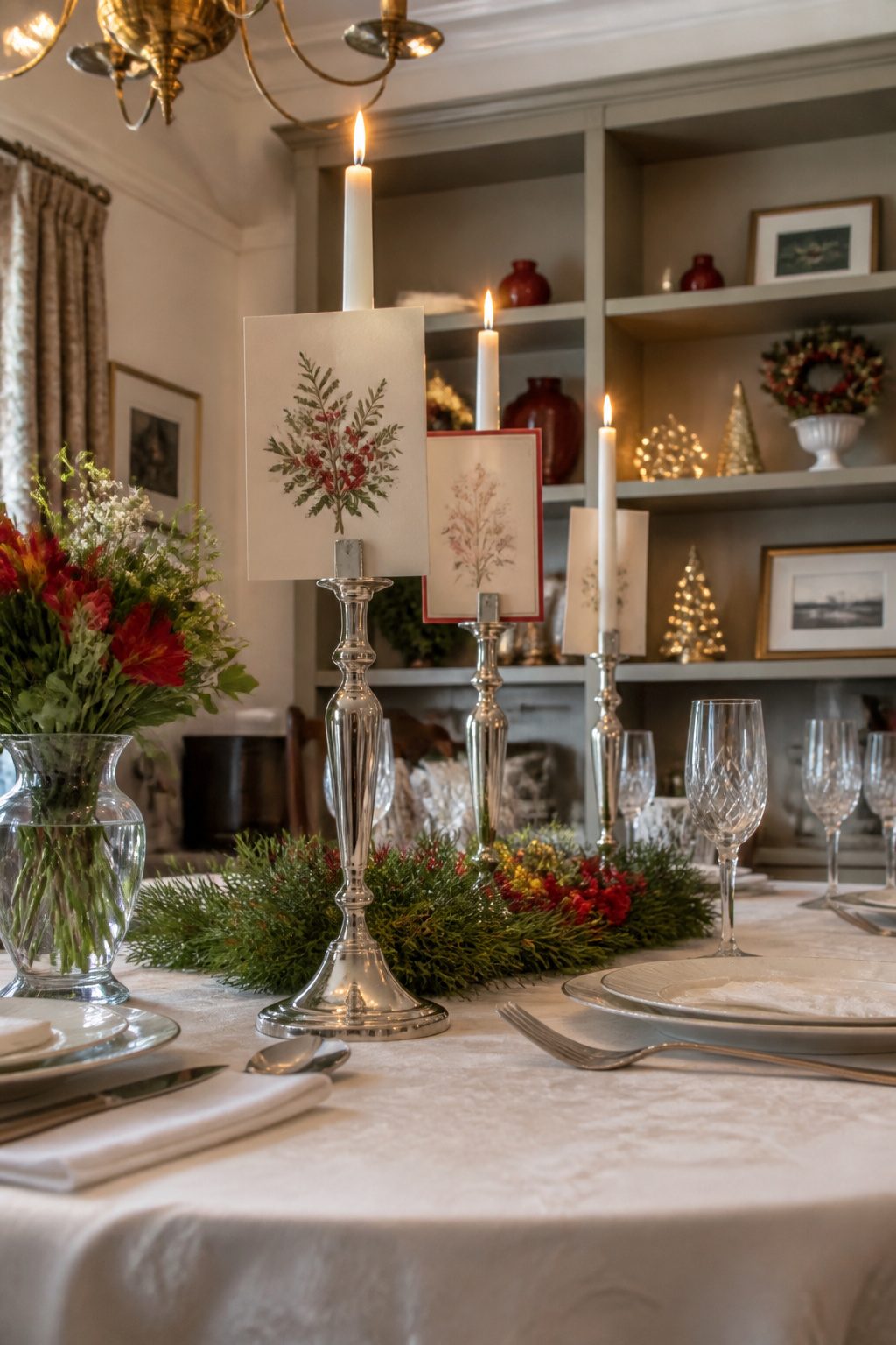 Brass candlesticks holding Christmas cards on a table.