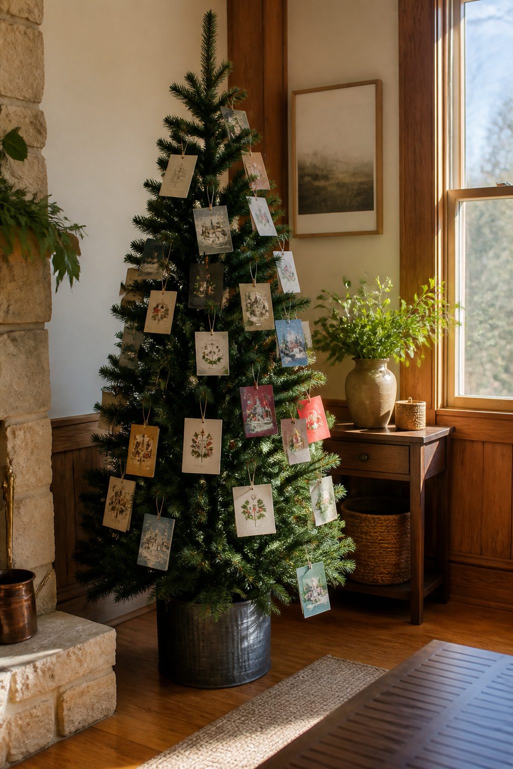 A Christmas tree displaying cards hung like ornaments.