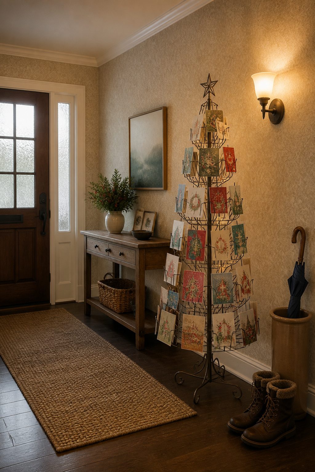 A freestanding card tree displaying several Christmas cards.