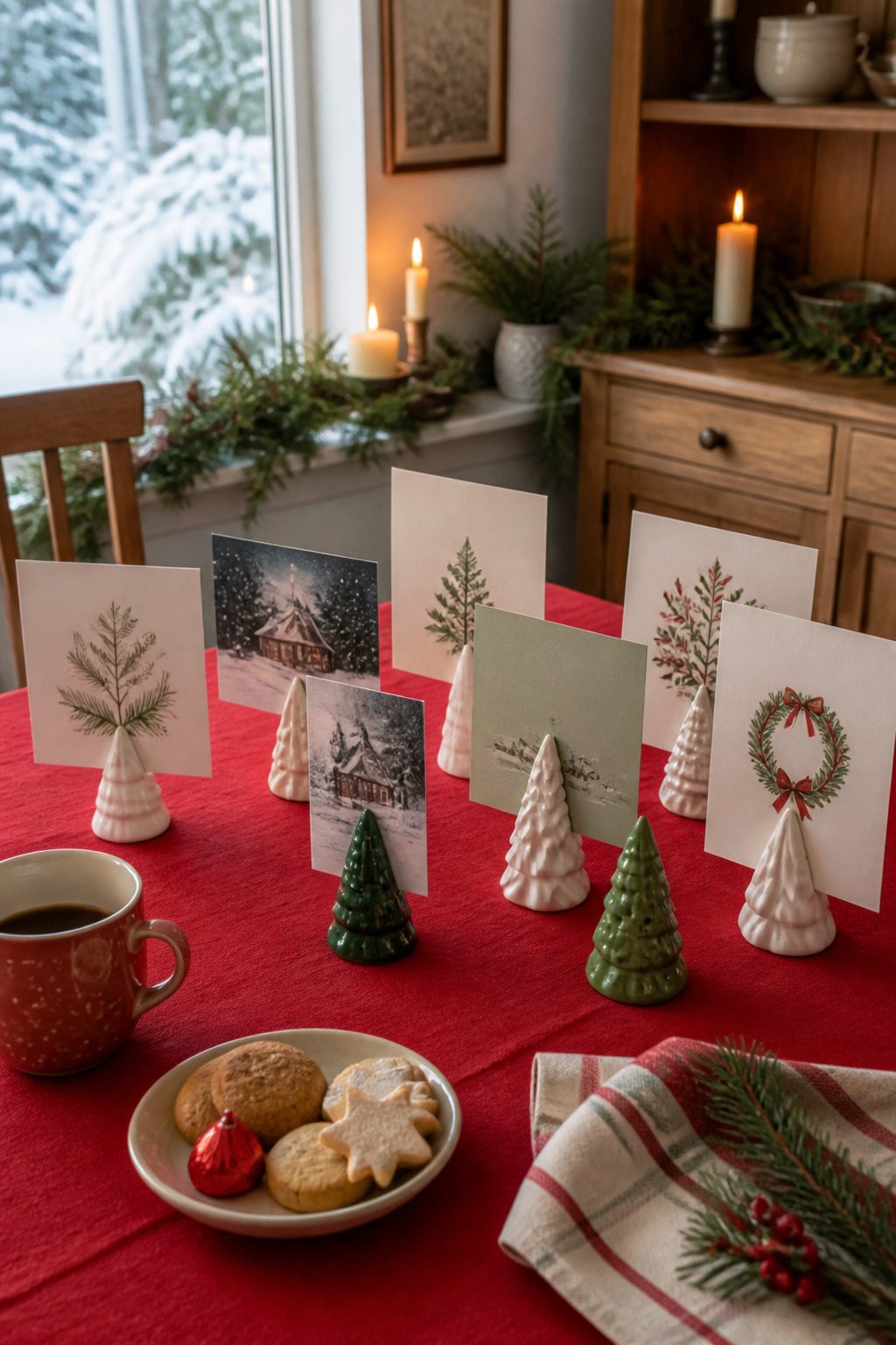 Clay tree holders displaying Christmas cards on a red tablecloth.