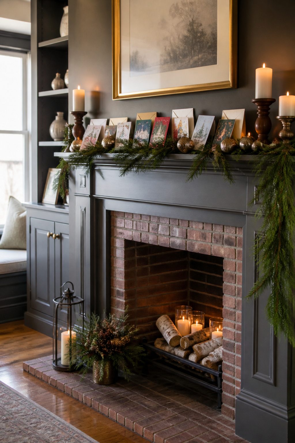 Christmas cards harmoniously arranged with holiday decorations on a mantel.