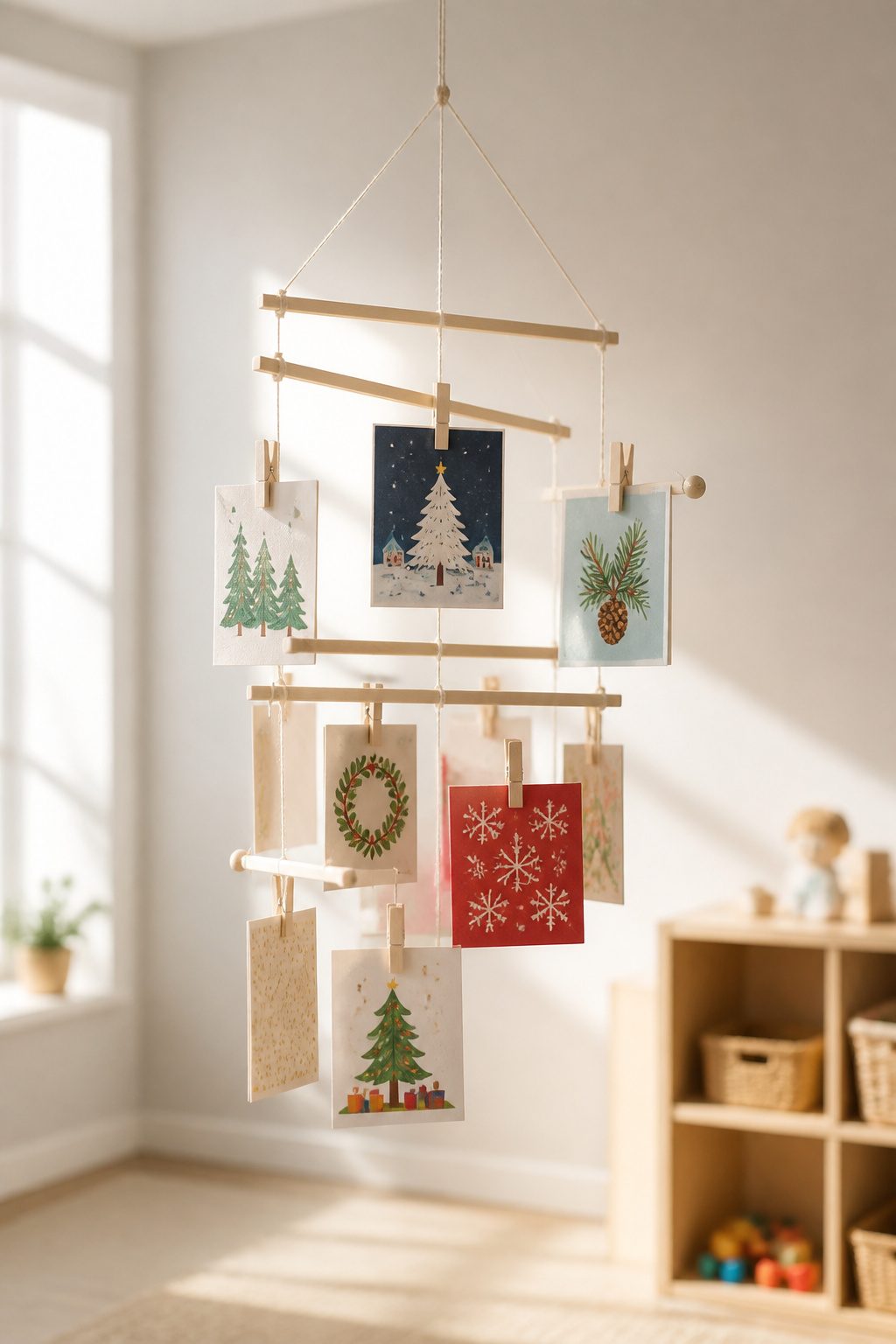 A mobile displaying Christmas cards using paint stirrers.
