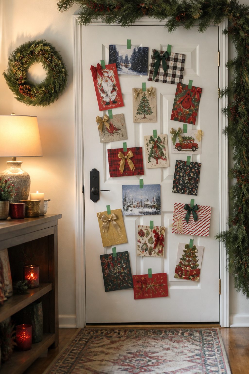 A door decorated with Christmas cards arranged like presents.