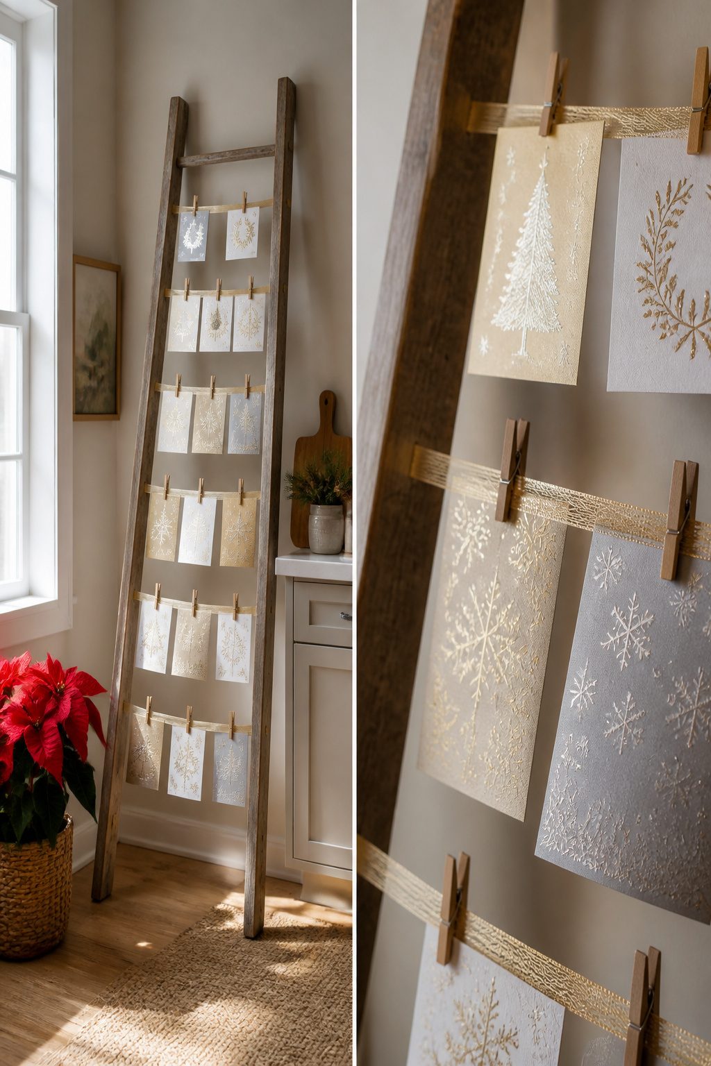 A ladder with ribbons strung for hanging Christmas cards.