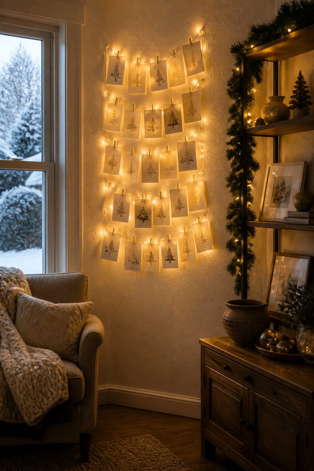 Christmas cards glowing softly with twinkly lights behind them.