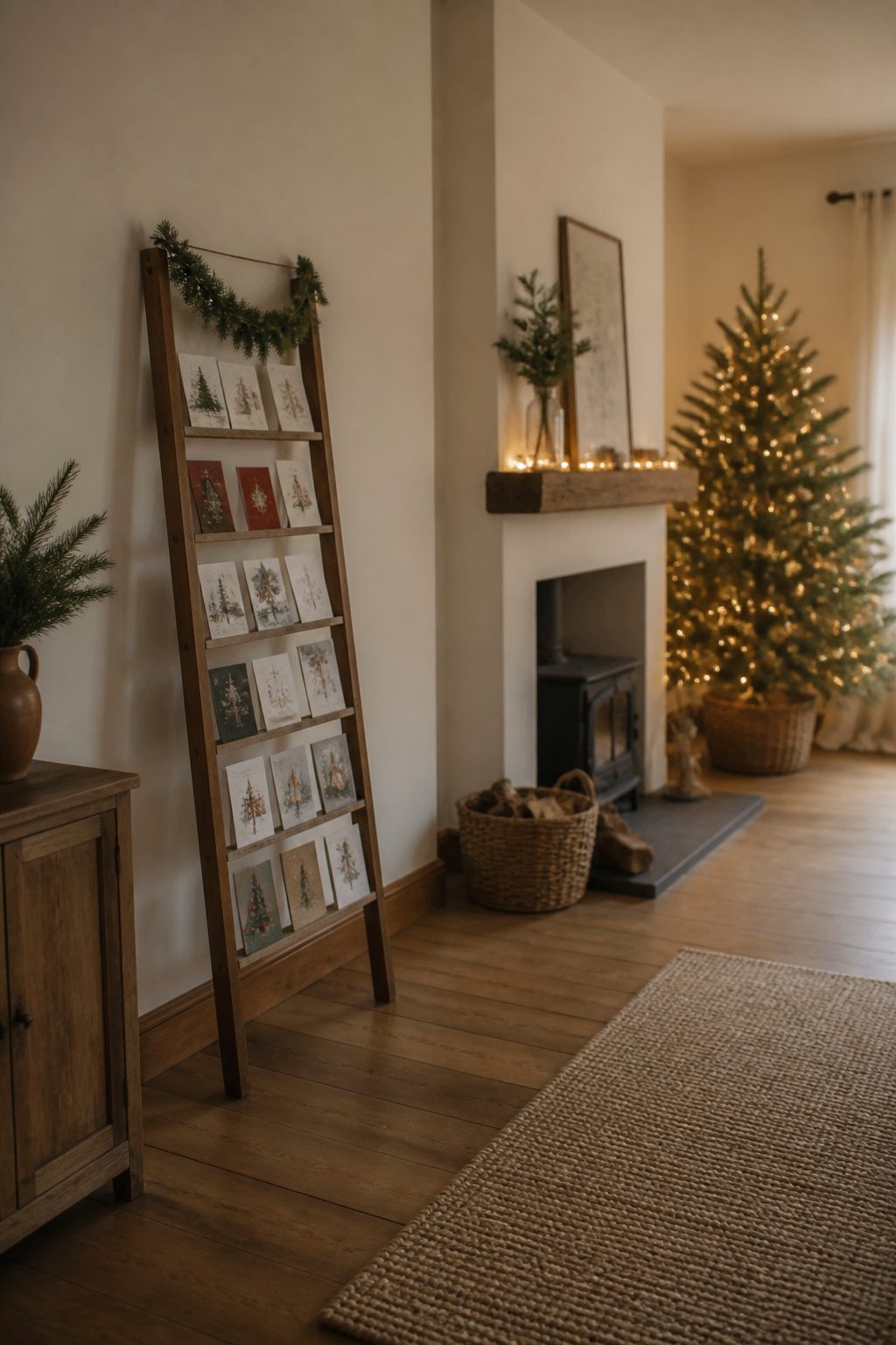 A ladder displaying Christmas cards between angled rungs.