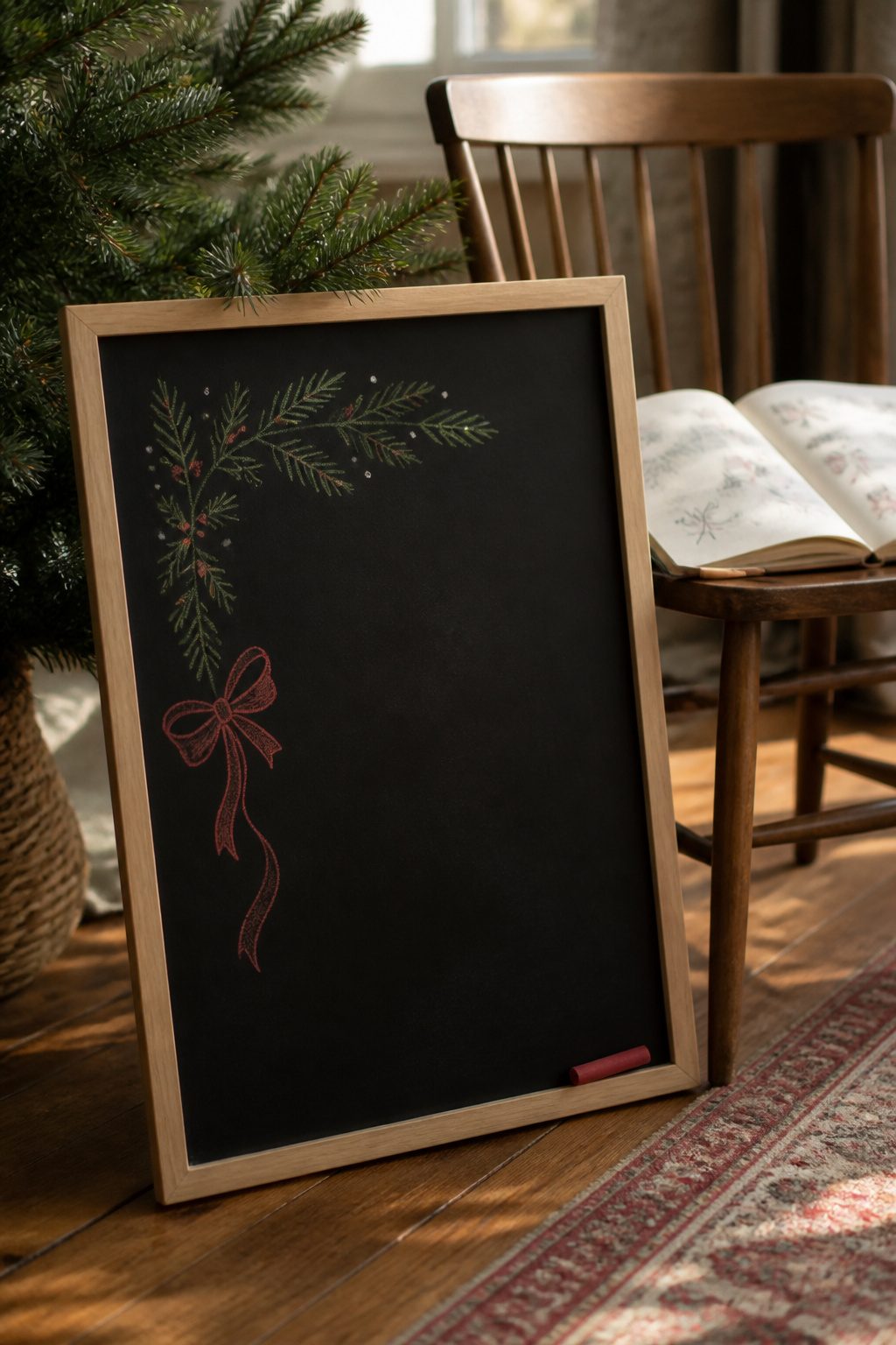 Christmas Chalkboard Doodles: 23 Festive Drawing Ideas for 2026 17 A small red bow drawn next to festive lettering on a chalkboard.