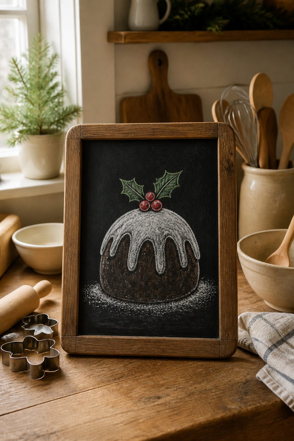 Christmas Chalkboard Doodles: 23 Festive Drawing Ideas for 2026 13 A Christmas pudding with icing and holly drawn on a chalkboard.