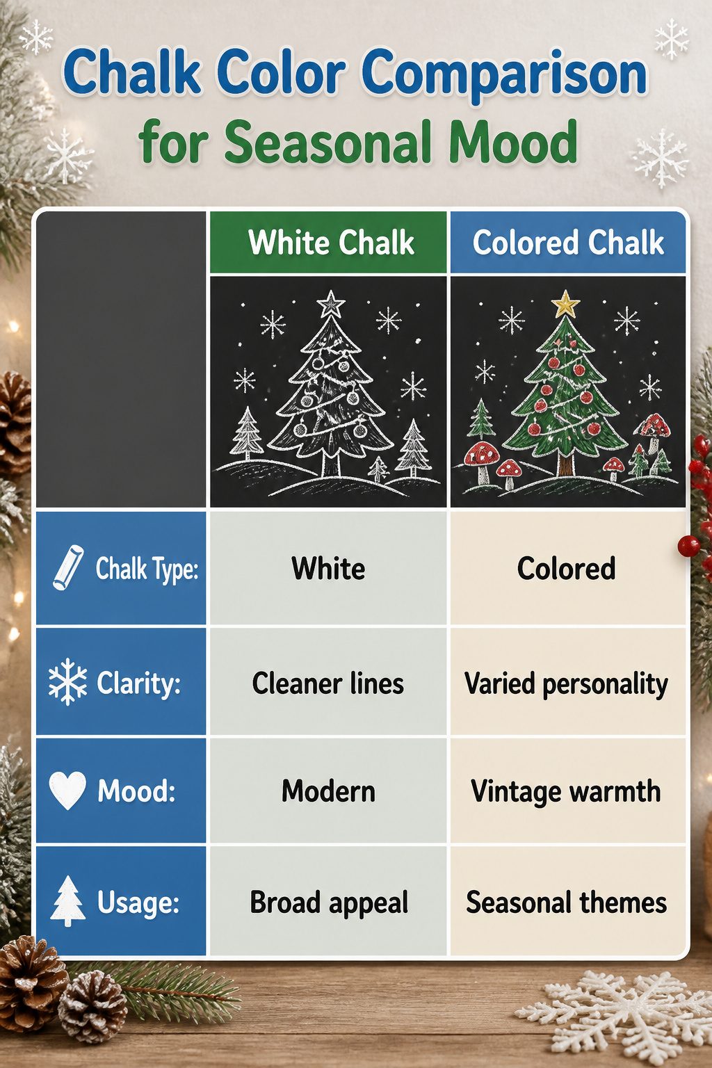 Christmas Chalkboard Doodles: 23 Festive Drawing Ideas for 2026 25 A comparison of chalk colors for seasonal mood on a chalkboard.